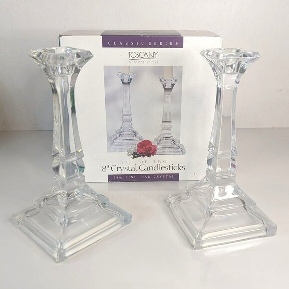 St. George Toscany Classic 8" Crystal Candlesticks Set Fine Lead Crystal Newport - Picture 2 of 8